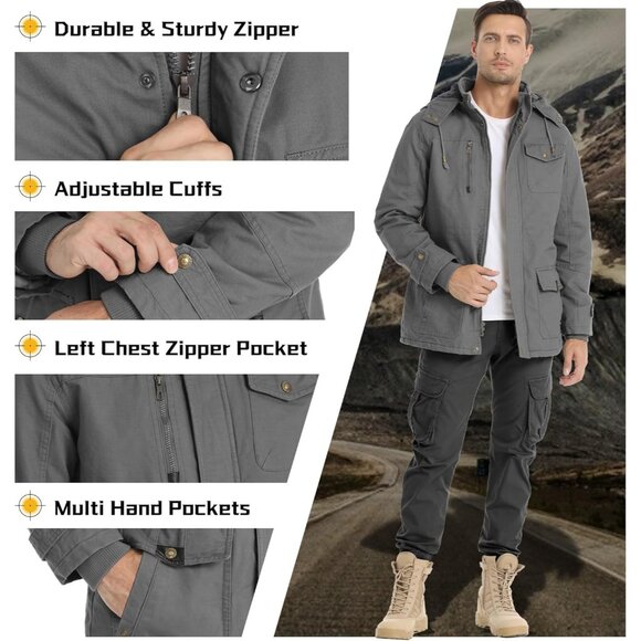 Mens Light Gray Thick Winter Jacket Hooded Fleece Lined Cotton Military Coat - Picture 4 of 6